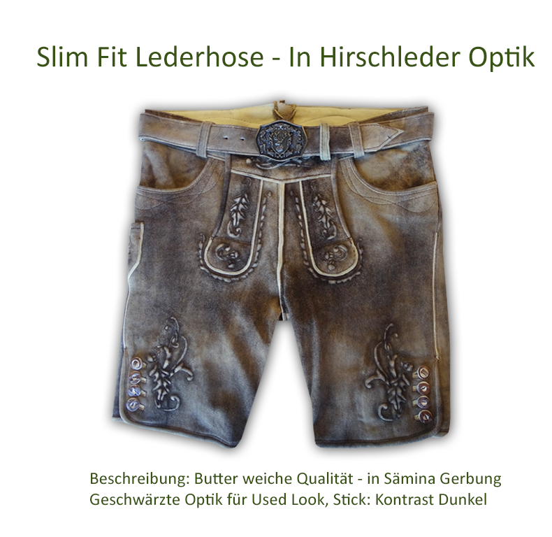 coole slim fit lederhose in einer urigen hirschleder optik, perfekt fuer ihren anlass in der steiermark